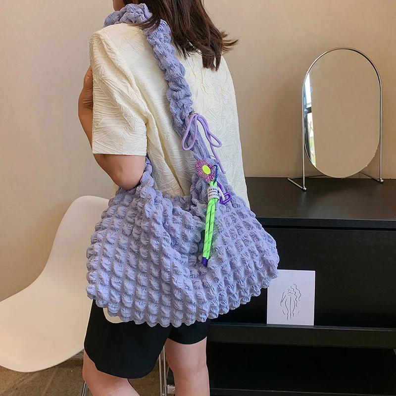 Summer Y2K Vacation Colorful Trend Shopper French Style Shoulder Puff Bag Women's Large Cute Simple Minimalist Tote Ruffle Strap