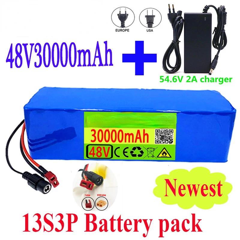 

2022 New 48V 30Ah 30000mAh Battery Pack 13S3P 1000W High Power Battery Ebike Electric Bicycle Scooter With T Plug+54.6V Charger