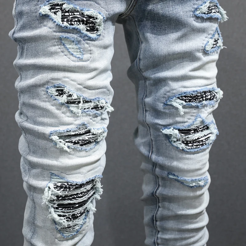 Street Fashion Men Jeans Retro Blue Stretch Elastic Broken Patched Designer Ripped Jeans Men Skinny Hip Hop Brand Pants Hombre