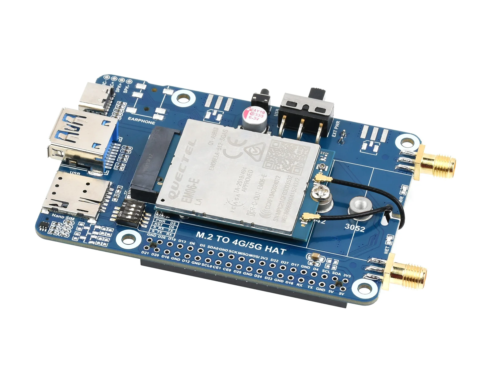 

EM06-E LTE Cat-6 HAT for Raspberry Pi, Dual Antennas LTE-A, Multi Regions Multi Band, GNSS