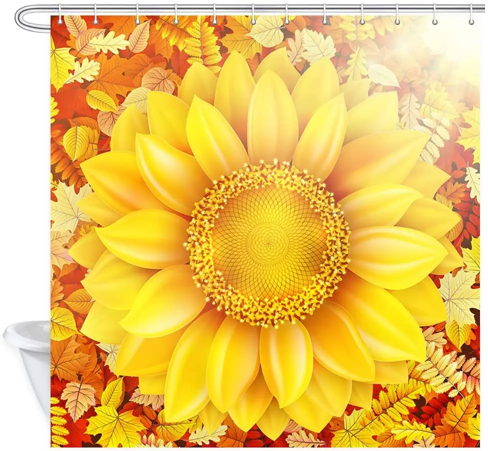 

Flower Decor Shower Curtain Yellow Sunflower Petals with Summer Sun Polyester Fabric Bath Bathroom Curtains Set with Hooks