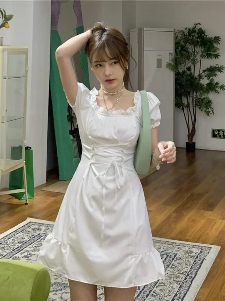 

QWEEK Gothic Harajuku White Bandage Mini Dress Women 2022 Summer Korean Style Design Puff Sleeve Short Dresses Kpop