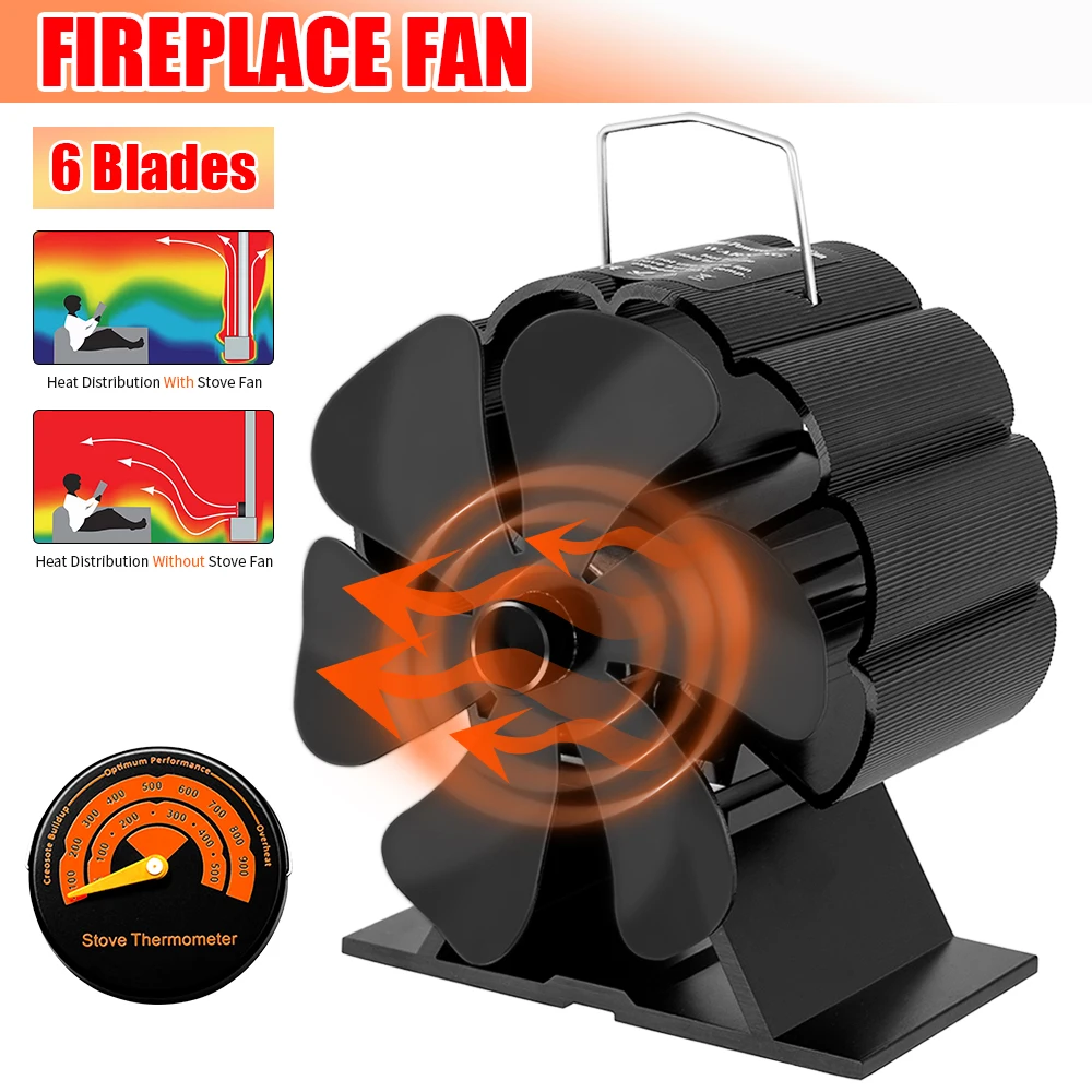 Cheap 6 bıçaklar isı Powered soba Fan siyah şömine komin günlük ahşap brülör çevre dostu sessiz Fan ev verimli isı dağılımı