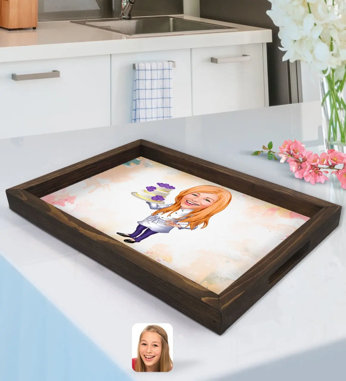 

Personalized Female Chef Caricature Of Natural Wood tray-2