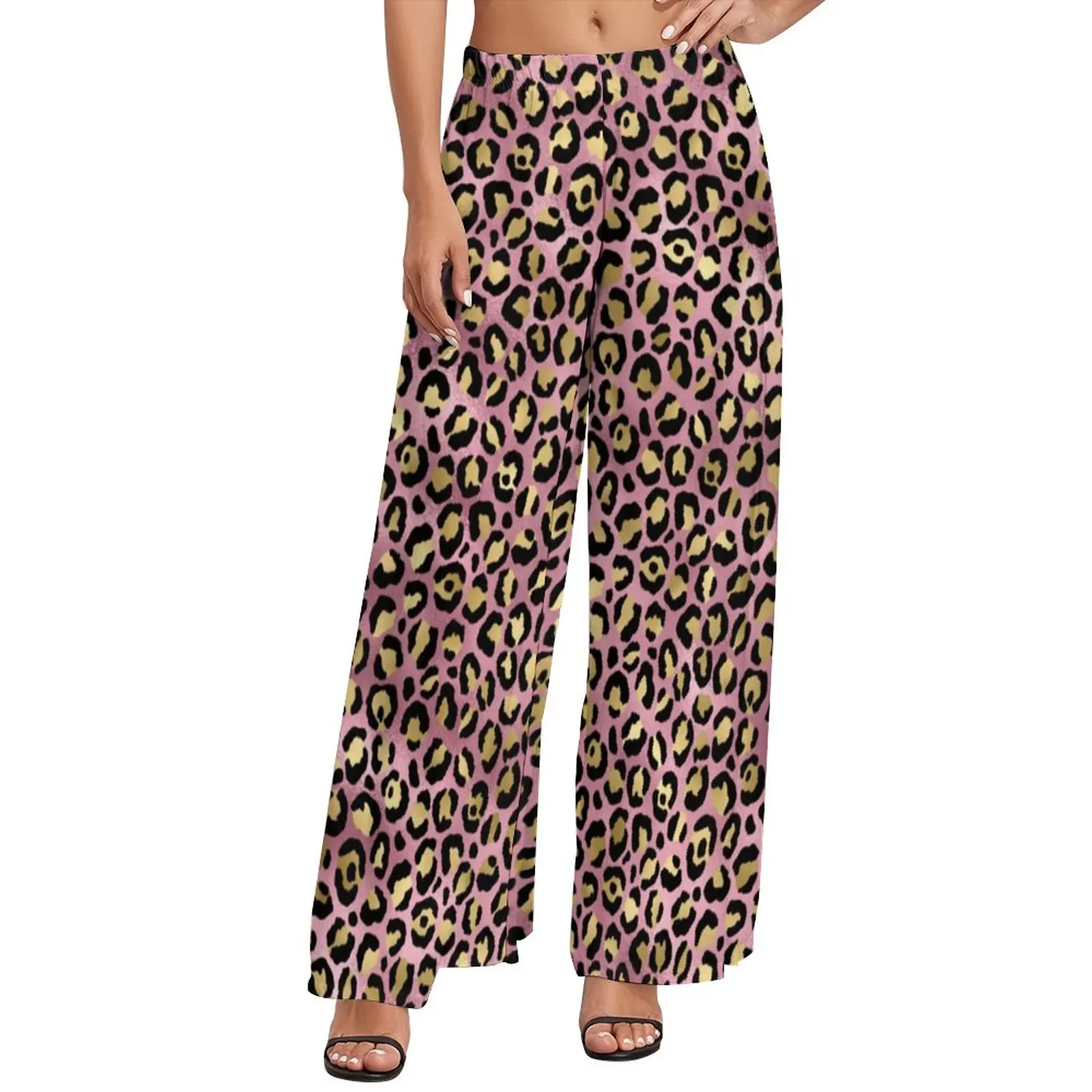 

Женские брюки с леопардовым принтом, розовые и золотистые офисные широкие брюки большого размера с животным принтом, прямые брюки в уличном...