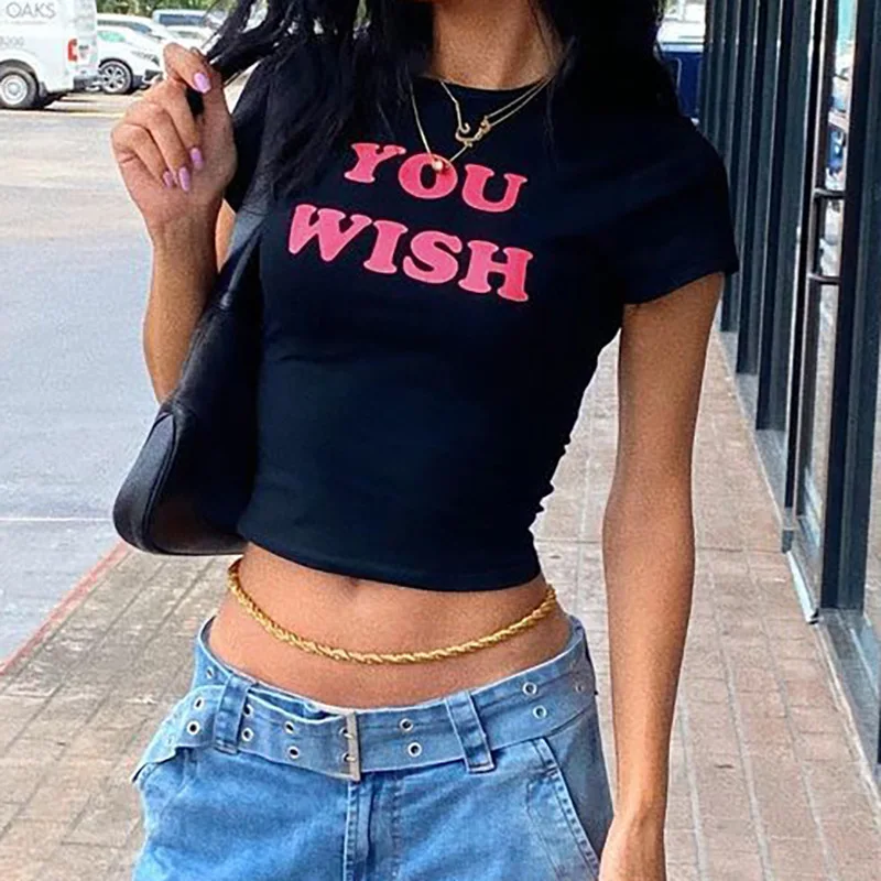 

Cutistation You Wish Crop Top y2k Clothes Woman Letter Print Funny IM Slogan T-shirts 2000s Cropped Baby Tees Gia Baddie Outfits