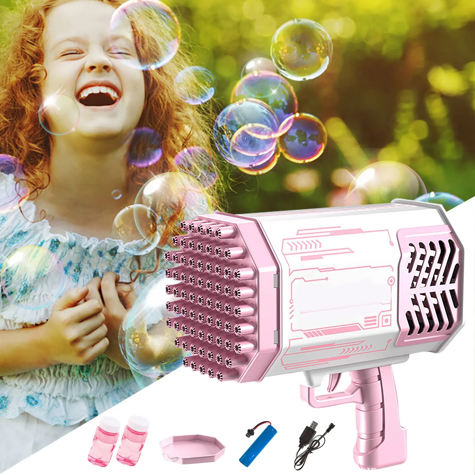 

Soft Plastic Upgraded Bubble Machine Bubble Machine With Light Bubble Solution 69 Holes Bubble Machine For Kids Summer Toy