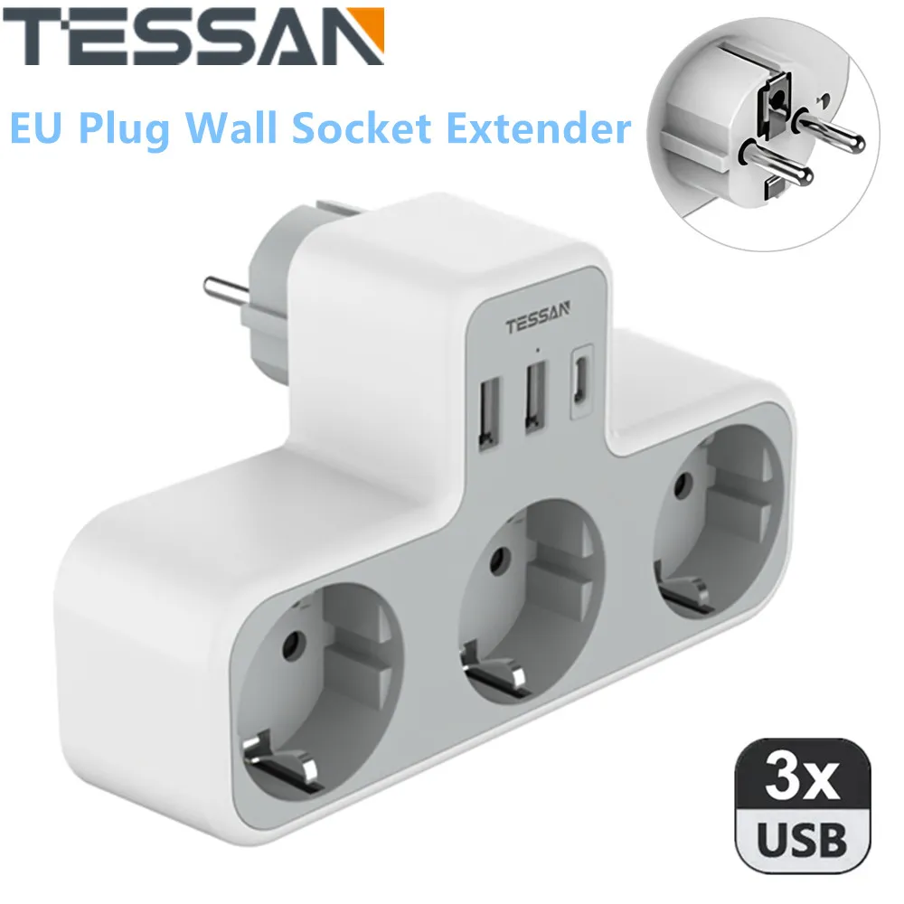 

TESSAN USB Plug Adapter, Multi Outlets Wall Socket Extender with USB Charging Ports, EU KR Plug Power Strip for Home Office