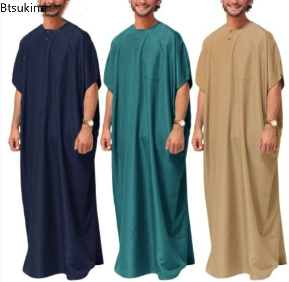 Plus Size 4XL 5XL Men's Muslim Abayas Jubba Thobe Solid Short Sleeve Loose Robes Middle East Arab Islamic Kaftan Muslim Clothing