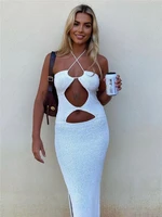 tossy summer halter knit party dress white sexy hollow out maxi bodycon dresses women club night sexy vestidos beach outfits