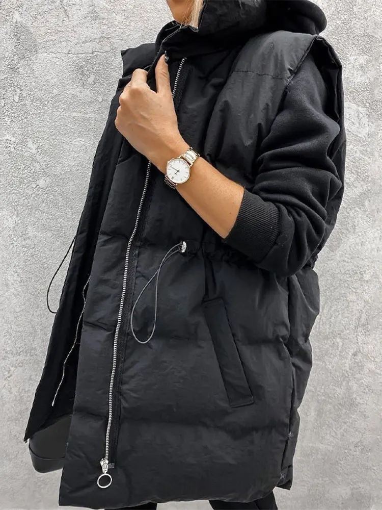 Женский пуховой жилет средней длины черная теплая Свободная куртка без рукавов с