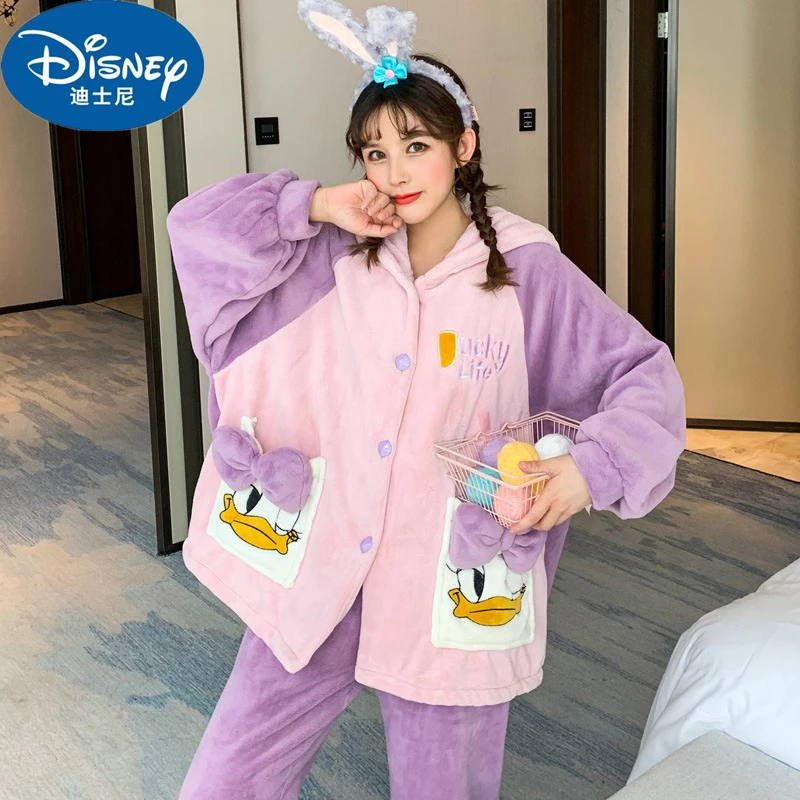 Anime Disney Cartoon Daisy Duck Winter Pajamas Two Piece Suit Women Coral Fleece Hooded Nightdress Thickened Wear Home Clothes