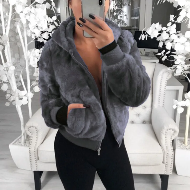 2022  Autumn  Winter Women's Wear Hooded Rabbit Fur Faux Fur Plush Coat Women Short Fur Jacket  Coats for Women