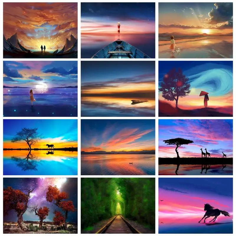 

CHENISTORY Diamond Painting With Frame Seascape Figure Animal Polar Light Sunset For Adults Kids Wall Decors Handicrafts Fantasy