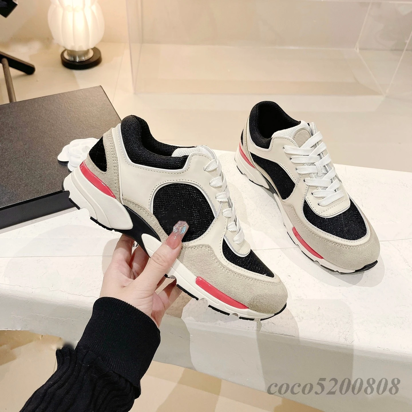 

Genuine Leather Mixed Color Women Sneakers Platform Stretch Boots Crystal Pearls Patchwork Designer Shoes Chunky Heels Loafers