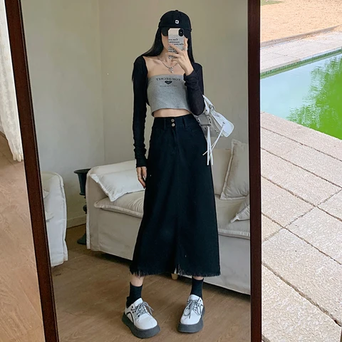 Retro Classic Cotton Denim Skirt  Women Vitality Casual High Waist Women's Skirt Sexy Tassels Irregular Female Long Skirts Cool