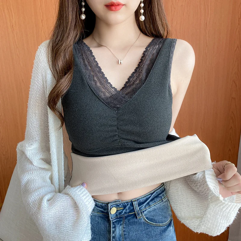 Women Thermal Underwear Fleece Lined Tops Cami Tank Vest with Bra Camisoles Winter Thermal Shirt Inner Wear Thermo Undershirt