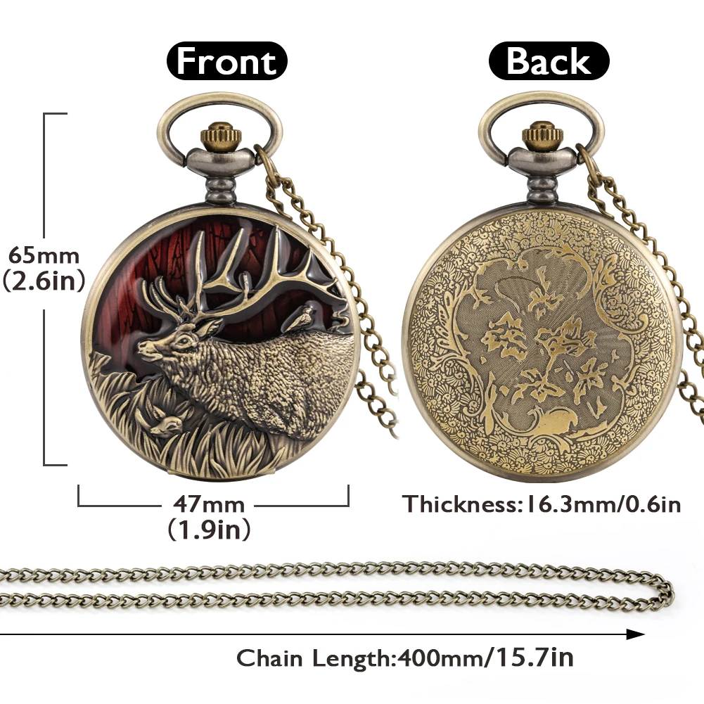Bronze Quartz Pocket Watch Necklace Gift 3D Creative Long Horns Elk Design Deer Animal Pendant Chain Clock Analog Fob Watch