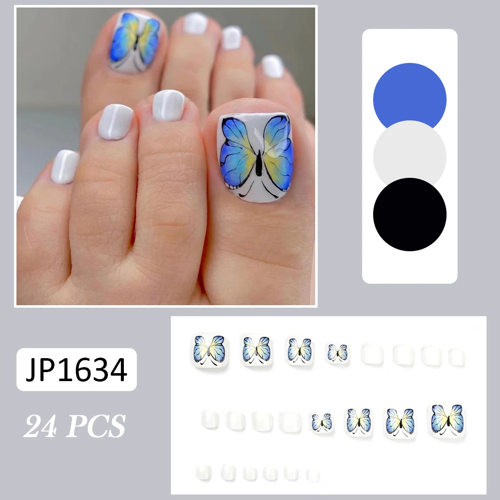 

24Pcs Glossy False Toe Nails Blue Butterfly Fake Feet Nail Artificial Art Fake Nail Pieces Rhineston Full Cover Not Fall Easy