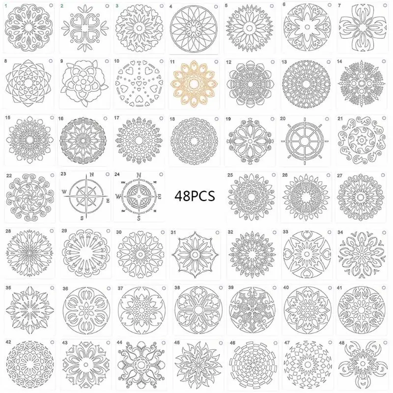 

48pcs/set Mandala Stencils DIY Painting Scrapbook Coloring Embossing Album Decorative Template 10x10cm D5QC