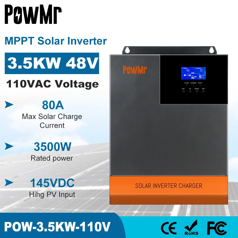 

PowMr 3500W Hybrid Solar Inverter 110V 120V DC 48V Pure Sine Wave Inversor Build In MPPT 80A Solar Controller PV Max 145V