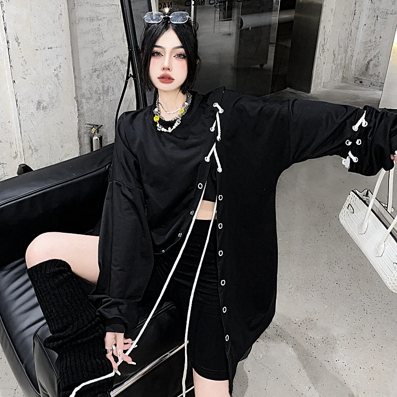 Женская свободная футболка Harajuku черно-белая с круглым вырезом и лентами на