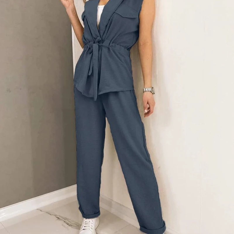 

Casual Sleeveless Blazer Suit Women Elegant Lapel Collar Loose Two Piece Sets Office Fashion Lace-up Tops and Long Pants Outfits