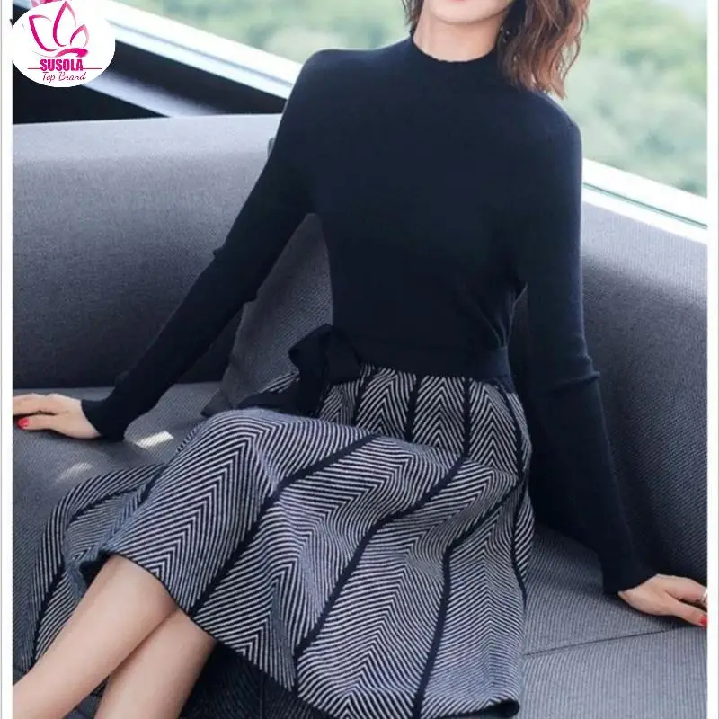 

High Collar A-line Knit Dress Women's 2022 New Thickened Arrow Striped Women Elegant Sashes Knitted Dress