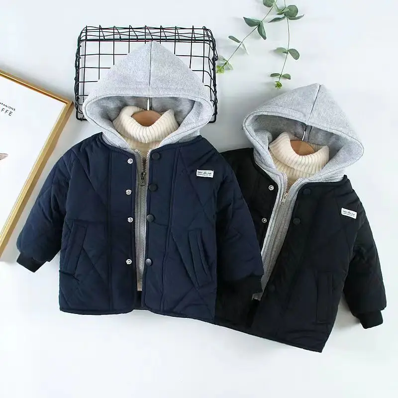 

Girl Boys Cotton Jacket 2022 Autumn Winter Solid Patchwork Hooded Children's Outerwear Casual Thicken Warm Kids Coat 2-9Y Parkas