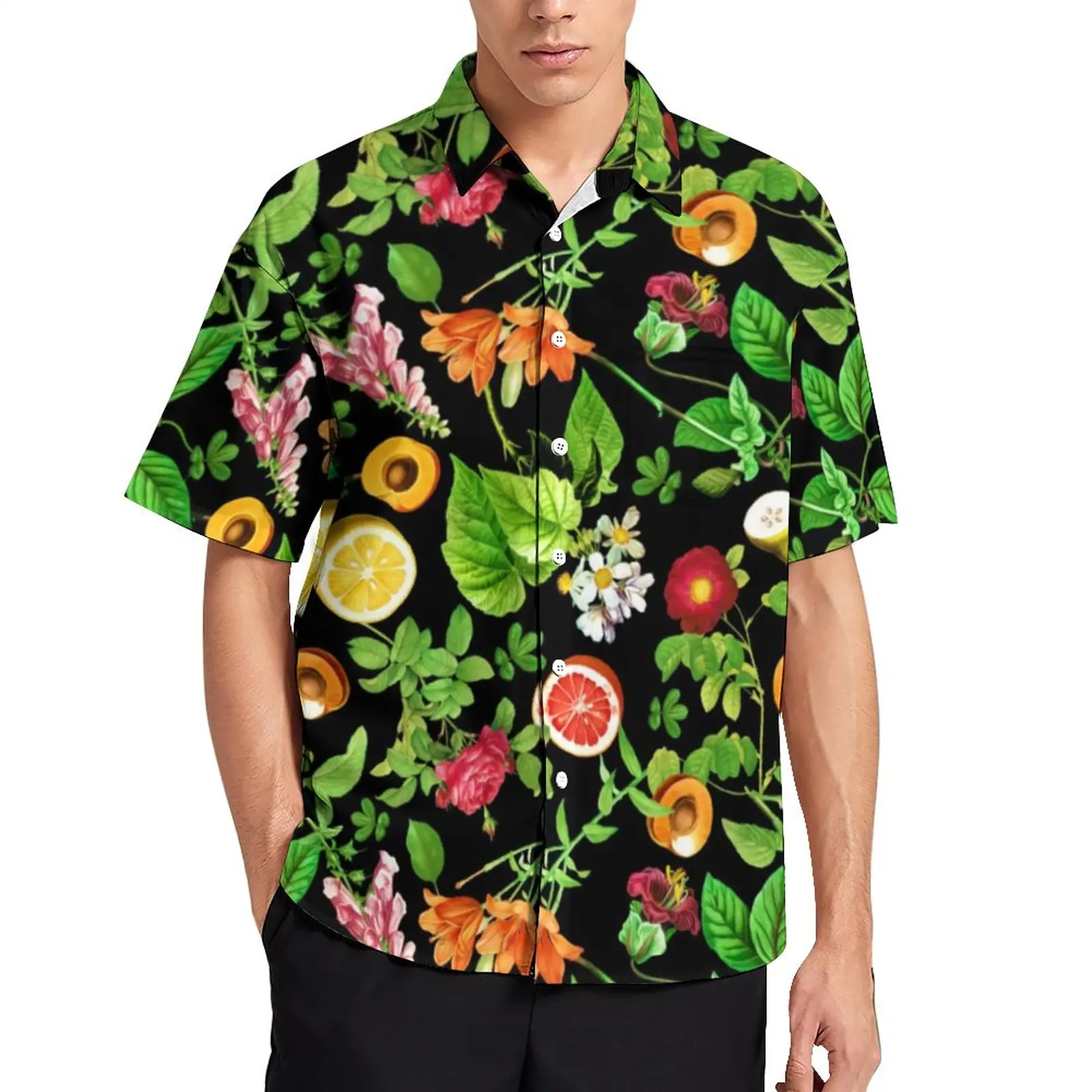 

Colorful Fruit Print Vacation Shirt Male Green Leaves Casual Shirts Hawaiian Graphic Blouses Short-Sleeve Cool Oversize Top Gift