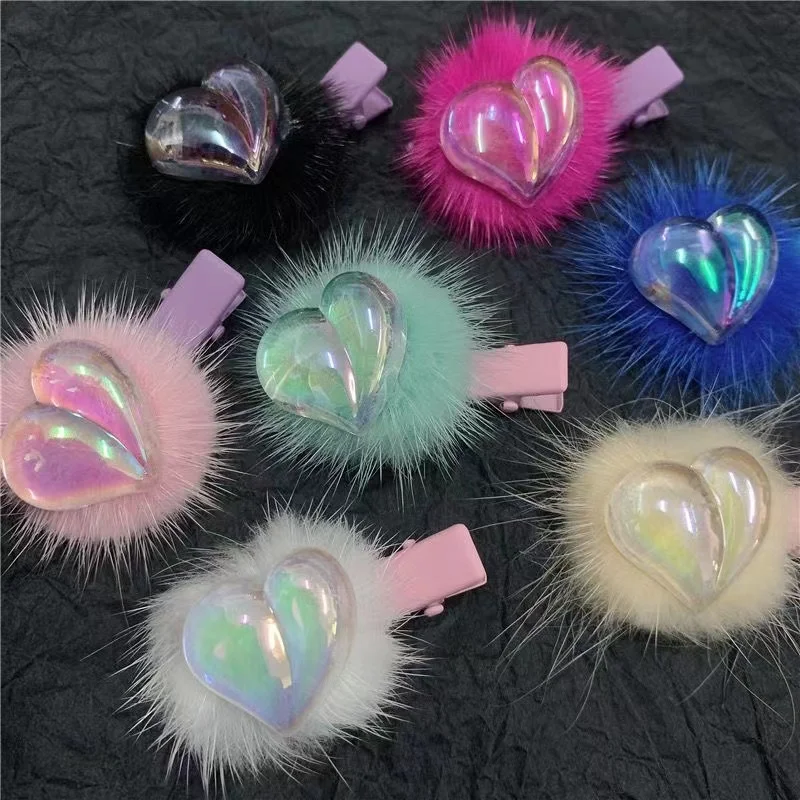 Plush Laser Transparent Peach Heart Hairpin For Women Cute Sweet Girly Hair Clip Harajuku Y2k Hair Accessories Gift