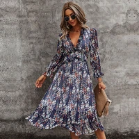 sexy v neck floral dress ladies 2022 new butterfly sleeve high waist casual print dresses for women summer chiffon dress