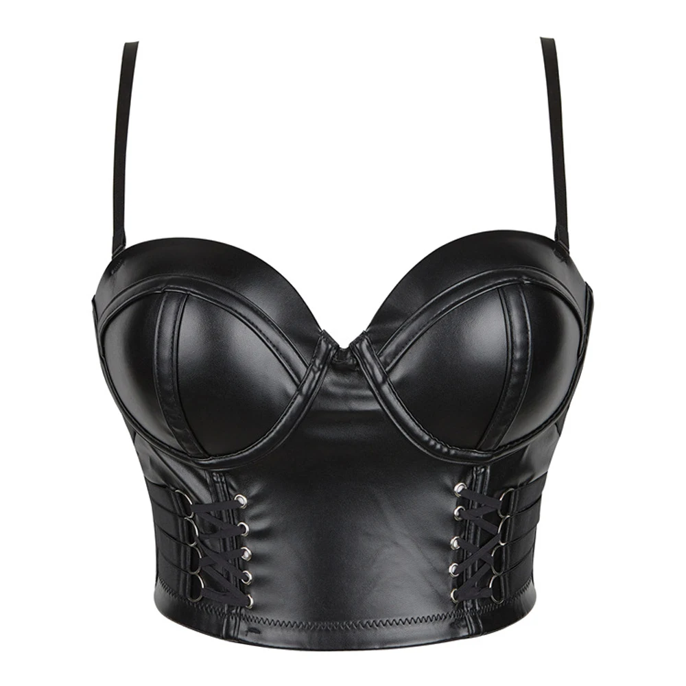 

Womens Black Leather Corset Top Crop Bustier Gothic Bra Push Up Bodice Sexy Lingerie Corselet Party Short Camis Plus Size S-XXL