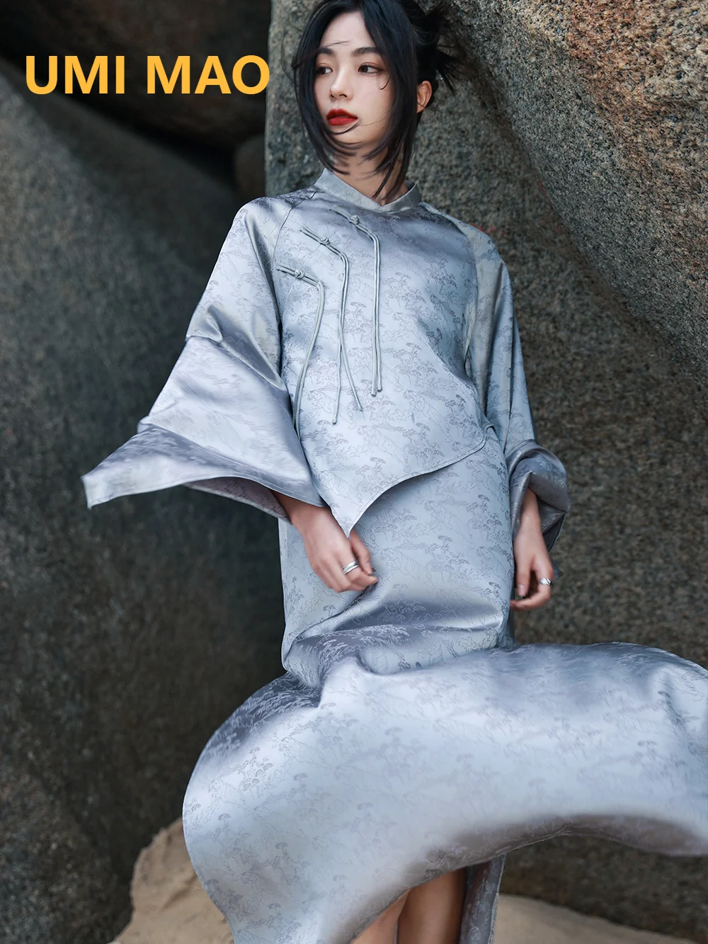 

Новинка, дизайнерское платье UMI MAO в китайском стиле из двух частей, элегантное женское атласное жаккардовое асимметричное летнее платье дл...