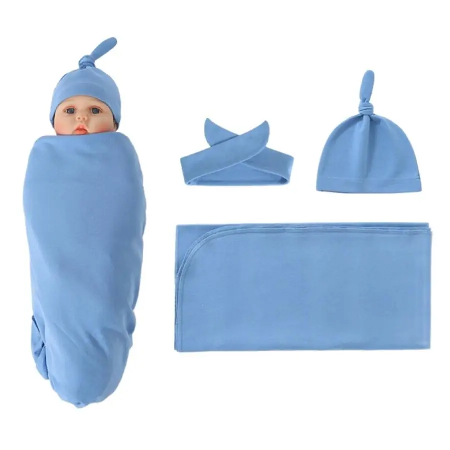 

3 Pcs Cotton Baby Blanket+Headband+Hat Set Newborn Swaddle Wrap Toddler Receiving Blanket Infant Beanie Cap Bonnet Hairband Kit