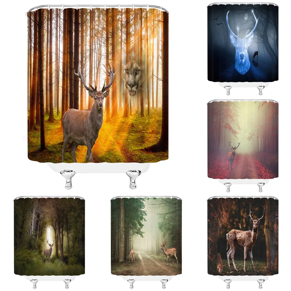 

Foggy Forest Deer Elk Tiger Shower Curtain Moose Natural Animal Misty Antlers Pine Autumn Tree Art Fabric Bathroom Curtains Home