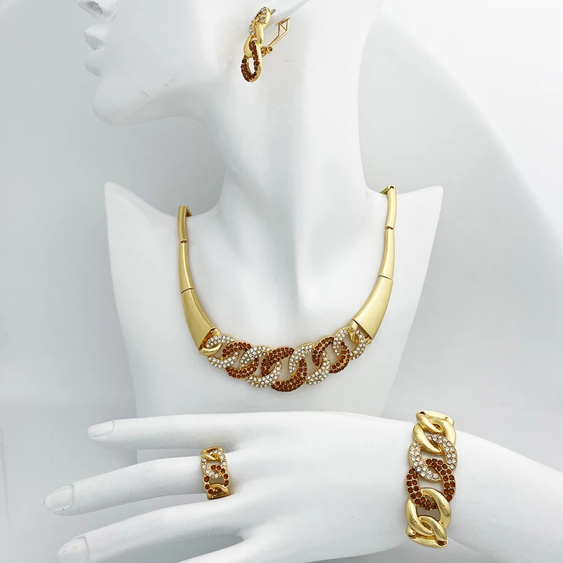 

New Dubai Gold Color Jewelry Sets Necklace Earrings For Women vergoldete Halskette Schmuck indisch