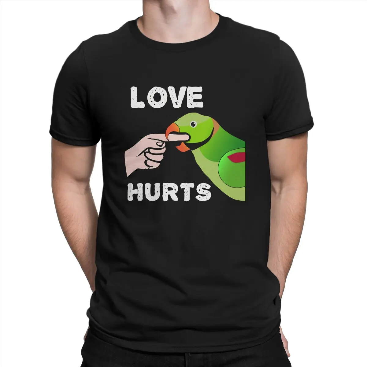 

Parrot Animal Man TShirt Love Hurts Indian Ringneck Biting Classic Individuality T Shirt Harajuku Sweatshirts Hipster