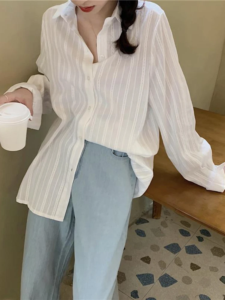 

Zoki Japan Simple Striped Women White Shirt Fashion Loose All Match Harajuku Tops Spring Buttons Long Sleeve Office Lady Blouse