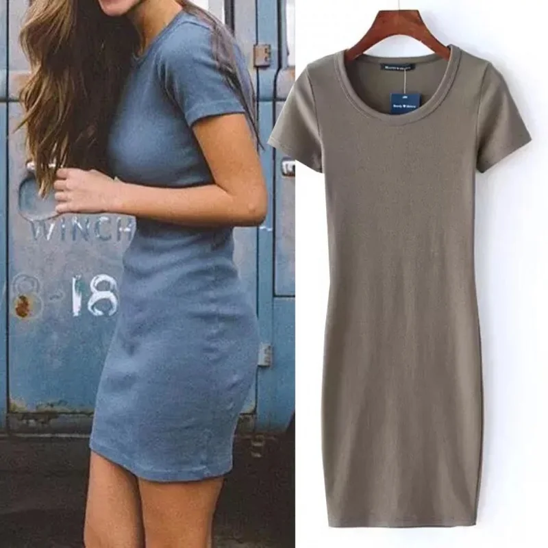

2020Summer European and American round Neck Short Sleeve Stretch Skinny Sheath Slim Dress Mid-Length Bottoming ShirtTT-shirt-