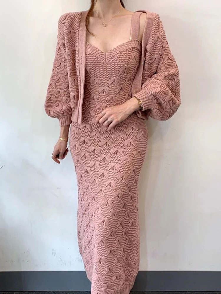 

Шикарный вязаный кардиган с рукавами-фонариками, свитер, пальто, v-образный вырез, без рукавов, на тонких бретельках, платье-свитер, 2 предмет...