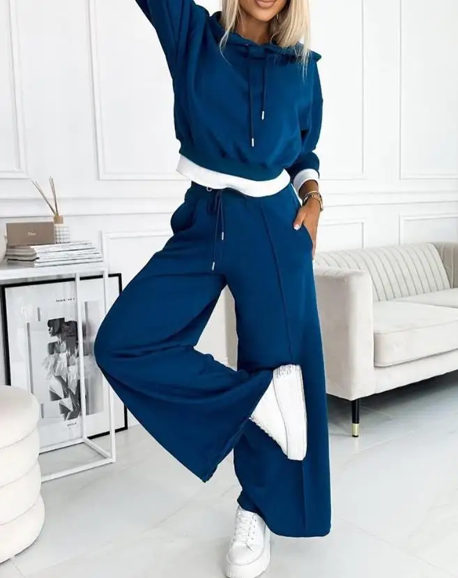 

Elegant Womens Two Piece Sets Outfit Fake Two Piece Hoodie & Wide Leg Pant Set 2023 Autumn Winter Spring Fashion Casual