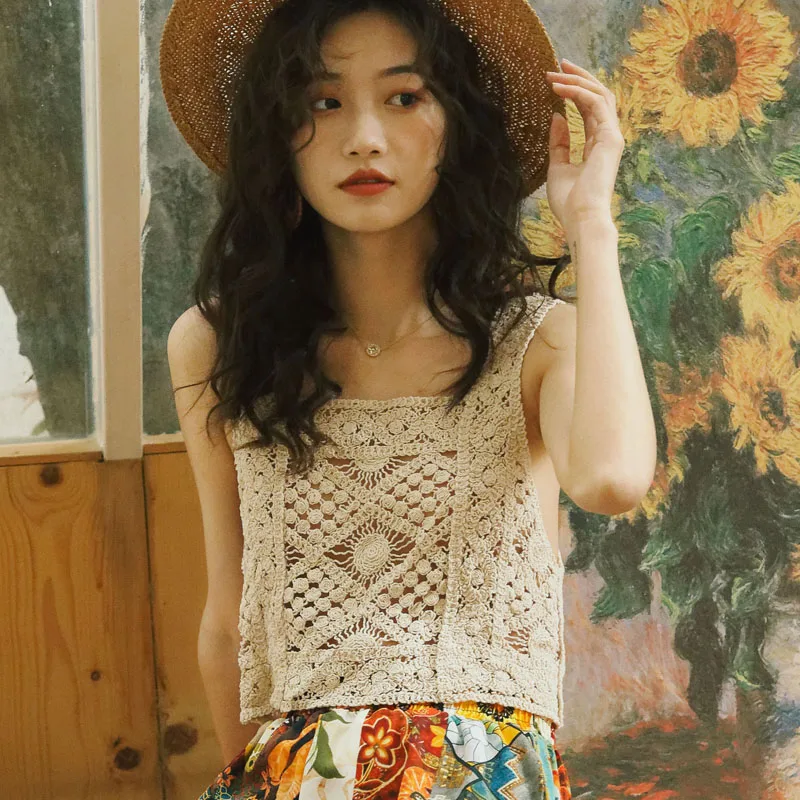 

Summer l hollowed out women's bohemian style cotton knit tank top