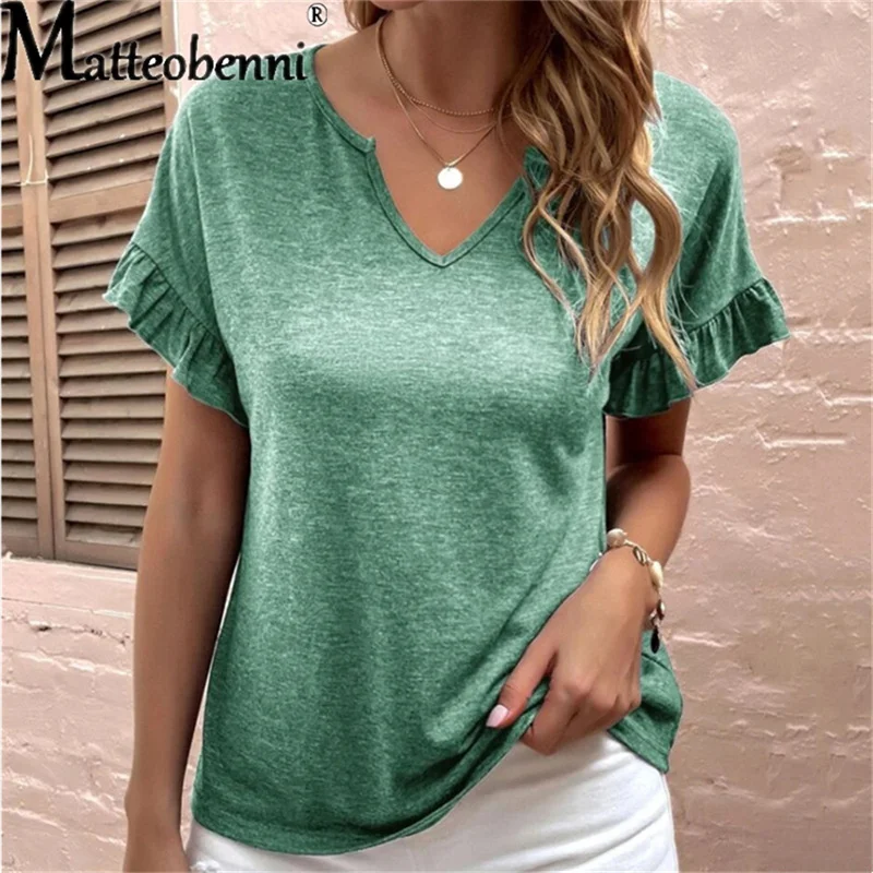 Купи 2022 Fashion New Women T-Shirt Elegant Solid Color Ladies Tee Casual Loose V-Neck Ruffles Short Sleeve Female Pullover Tops за 541 рублей в магазине AliExpress