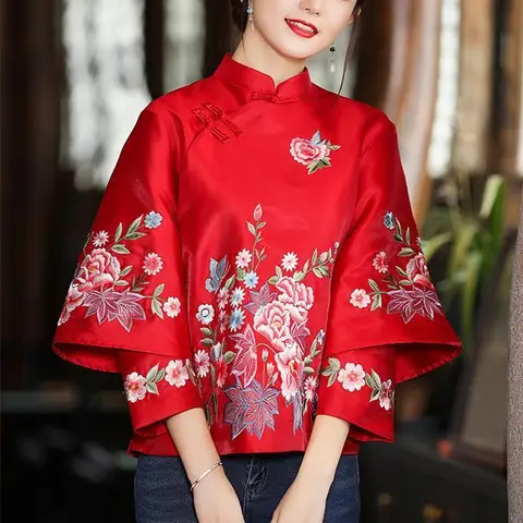 Новый год, костюм Тан, топ, женская рубашка в китайском стиле с вышивкой и ручными пуговицами, женский жакет, атласное Короткое платье-Ципао в стиле ретро, топ, блузка