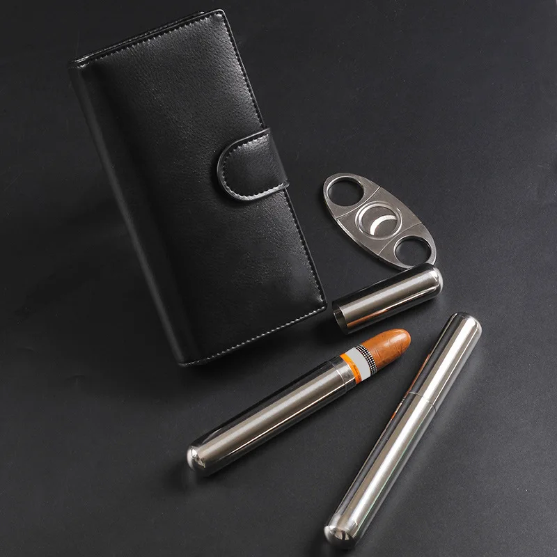 S Set Kit Creative Leather Case Cigar Cutter Stainless Steel