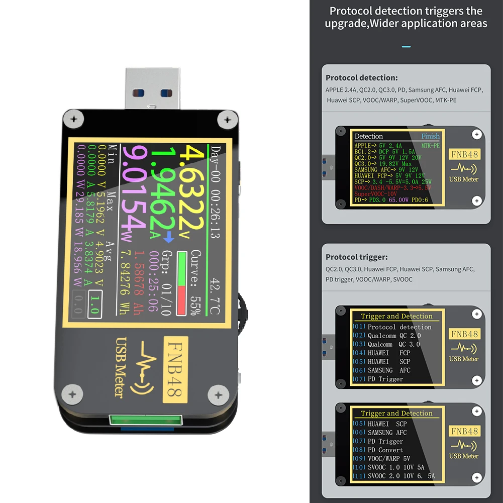 USB-тестер емкости вольтметр-амперметр с интерфейсом QC4 PD3.0 PPS |