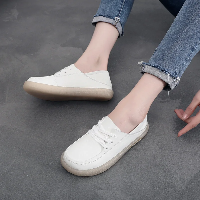 Little White Shoes Women's Flat Leather Spring 2023 New Nurse Shoes British Style Handmade Mom Shoes Large Size Single Shoes