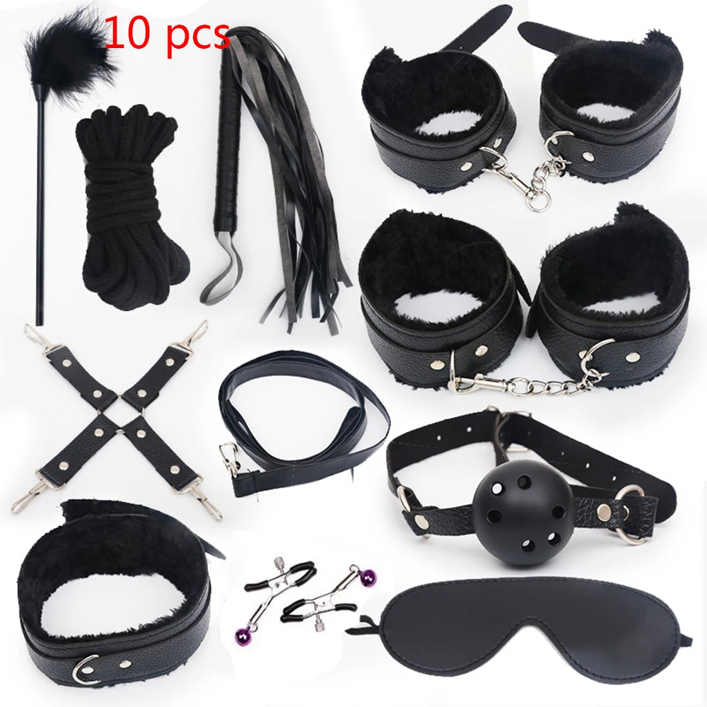 Sexy Leather BDSM Kits Plush Sex Bondage Set Handcuffs Games Whip Gag Nipple Clamps Toys For Couples Exotic Accessories |