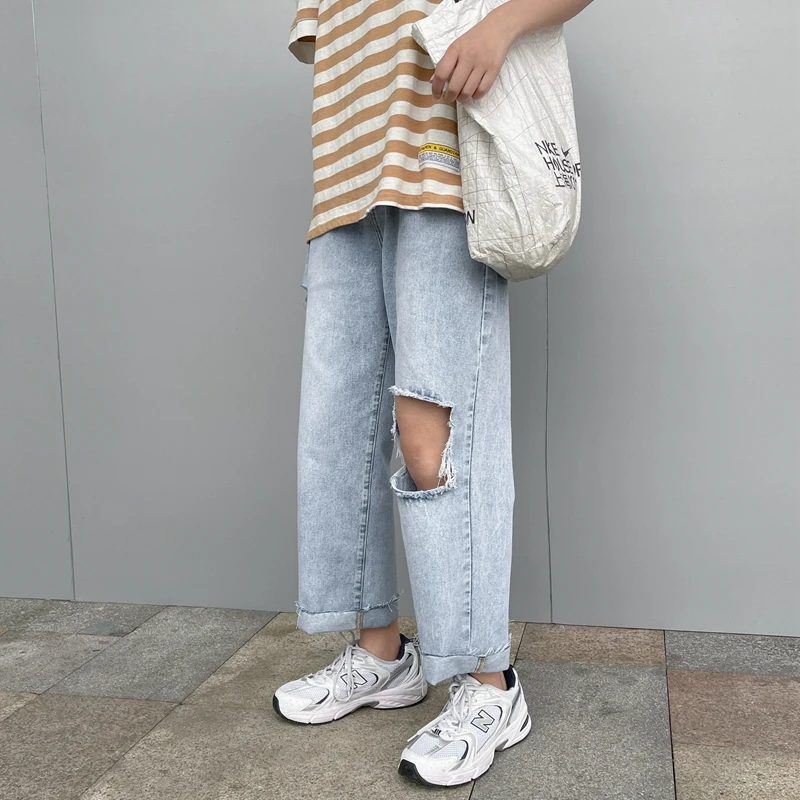 Men's Big Ripped Straight Baggy Light Blue Jeans Spring Classics Korean Style Fashion Wide Leg Pants Denim Ankle-Length Pants